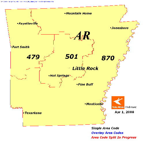 Arkansas area codes map