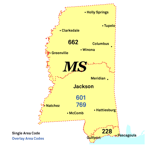Mississippi area codes map
