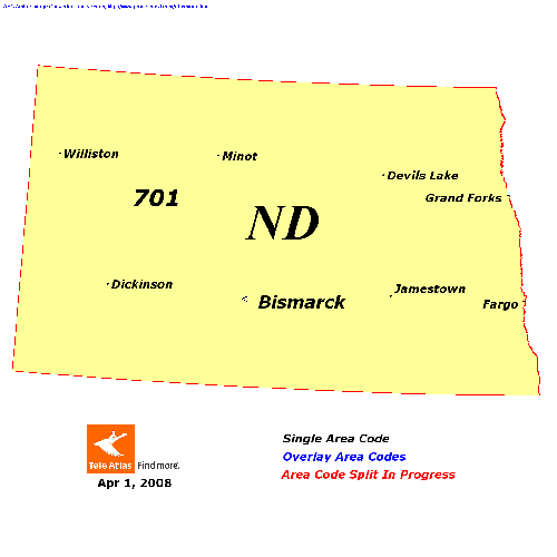 North Dakota area codes map