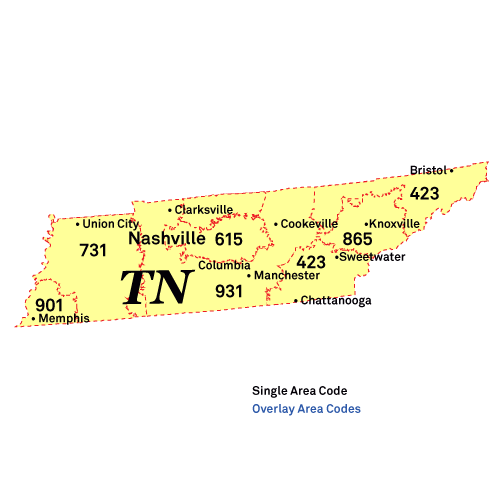 Tennessee area codes map