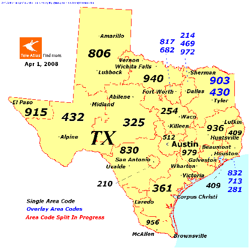 Texas area codes map